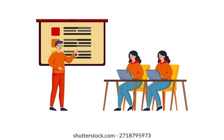 Una Ilustración vectorial luminosa de estilo plano de un salón de clases o sala de conferencias: un profesor varón de pie junto a una computadora portátil y apuntando a una Grande pizarra de presentación, mientras dos atentas estudiantes femeninas se sientan en escritorios con computadoras portátiles. Ideal para conferencias universitarias, aulas universitarias, educación moderna, participación estudiantil, entorno académico, seminarios o conceptos de intercambio de conocimientos. 