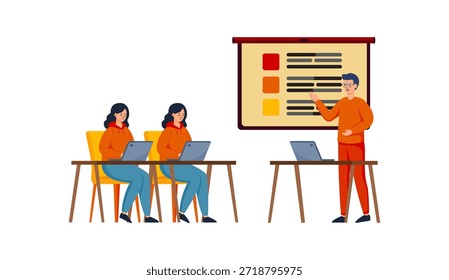Una Ilustración vectorial luminosa de estilo plano de un salón de clases o sala de conferencias: un profesor varón de pie junto a una computadora portátil y apuntando a una Grande pizarra de presentación, mientras dos atentas estudiantes femeninas se sientan en escritorios con computadoras portátiles. Ideal para conferencias universitarias, aulas universitarias, educación moderna, participación estudiantil, entorno académico, seminarios o conceptos de intercambio de conocimientos. 