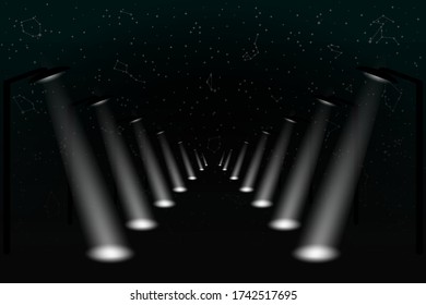 Bright Flickering Street Lights Isolated on Starry Night Background. Silhouette of Lamp Posts in Dark City. Vector. 3D Illustration