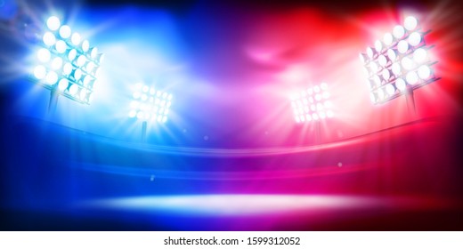 Bright floodlights illuminating the sports stadium. Show stage on a colorful background. Sports games. Abstract vector illustration.