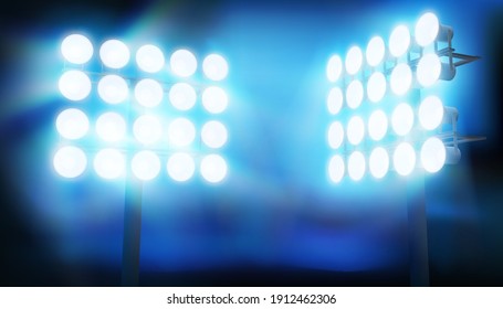 Bright floodlights at a sports stadium. Show stage on a blue background. Sports game. Abstract vector illustration.