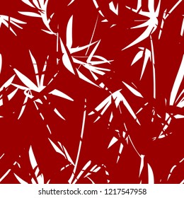 Bright floral Abstract pattern on a red background. Seamless vector. White leaves and branches of bamboo. For textiles, wallpaper, wrapping paper, fashion prints, tile, fabric.