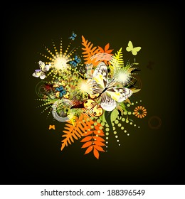 Bright floral abstraction with butterflies on a dark background . Vector