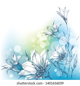 Bright floral background in blue and green. White lily bouquet