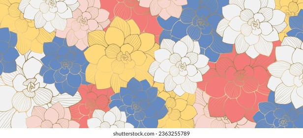 Bright floral background with colorful succulent plants. Botanical background for various designs, decor, wallpapers, cards, covers.