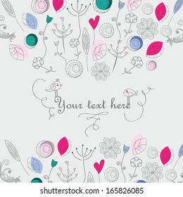 Bright floral background with cute hand drawn flowers, hearts and birds.