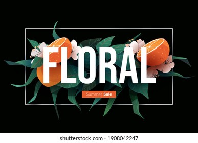 Bright floral background design with exotic plants and fruits. Vector Illustration