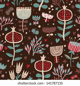 Bright floral background in romantic style with small butterflies and pomegranates. Seamless pattern can be used for wallpapers, pattern fills, web page backgrounds,surface textures.