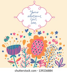 Bright floral background in vector. Cartoon butterflies and flowers Ã¢Â?Â? cute summer card