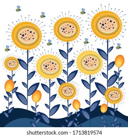 
Bright floral background. Yellow sunflowers with blue leaves on white background