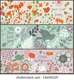 Bright floral banners in vector. Birds and butterflies in flowers. Summer concept cards