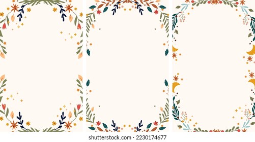 Borde floral brillante con flores coloridas, hojas, luna y estrellas alrededor. Marco floral vintage Perfecto para tarjetas de felicitación, afiche, postal, banner. Ilustración vectorial.