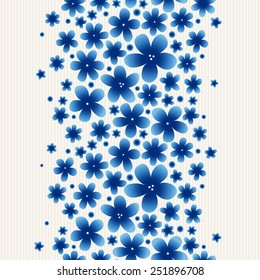 Bright floral border on light background. Spring garland with simple flowers. Blue vintage illustration. Decorative element for design, place for text. Lace pattern for invitations, greeting cards.