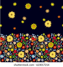 Bright floral border with Spanish motifs. Colorful roses and sunflowers on black background.