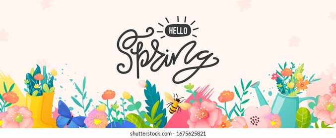 Borde floral brillante y texto sobre fondo blanco. Diseño de banner vectorial de temporada de primavera.