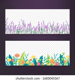 Bright floral borders on transparent background. Vector frame elements design for greeting and advertising products.
