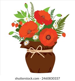 A bright floral bouquet of poppies and daisies in a pot. A lush poppy bouquet in a vase. A bouquet of garden plants, poppies and daisies. Vector illustration.
