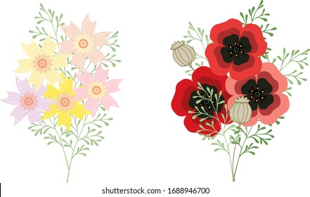 Bright floral bouquets of poppies, daffodils on a white background. Vector illustration for festive design, announcements, postcards, invitations, posters.