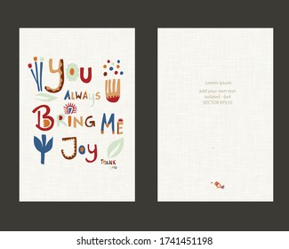 Bright floral bring my joy greeting card template on linen background. Paper cut out hand drawn thinking of youlettering. Scandi doodle notecard. Flowers  heartfelt sentiment. Isolated vector EPS10