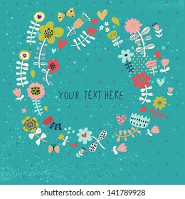 Bright floral card. Romantic floral background in cartoon style