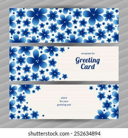Bright floral card with simple flowers. Blue vintage illustration. Decorative element for design, place for text. Template frame for greeting card and wedding invitation.
