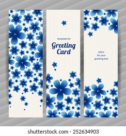 Bright floral card with simple flowers. Blue vintage illustration. Decorative element for design, place for text. Template frame for greeting card and wedding invitation.
