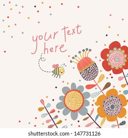 Bright floral card in vector. Cartoon bee on flowers in bright colors 