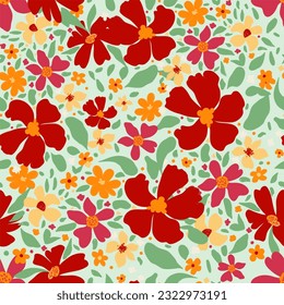 
Bright floral carpet seamless fashion textile print. Trendy seamless botanical textile print. Red flowers floral fabric pattern, hand drawn, vector. Fashion textile pattern. Ditsy style