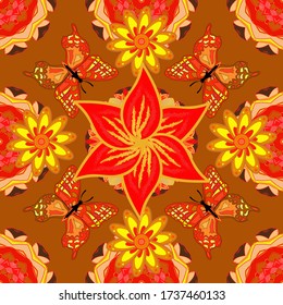 Bright floral collage blossom flowers red, orange and yellow. Blossom lilies seamless background. Amazing collage paradise style for floral design.