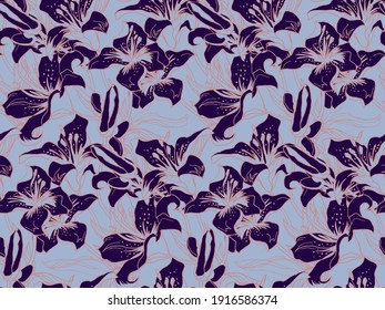 Bright Floral Colored Seamless Pattern of Lily Flower, Buds and Leaves Drawn by hand in doodle style with solid fill background. Contemporary Home textile, wallpaper, fabric, package.