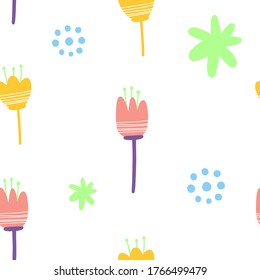 Bright floral decorative pattern. Blue and pink flowers, dots and springs. Application wrapping paper, textiles, printing on clothing. Seamless vector pattern on a white background.
