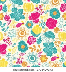Bright floral doodle vector seamless pattern illustration
