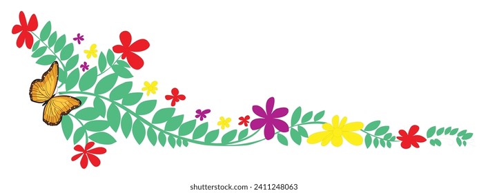 Bright Floral Element Design, Abstract floral Vector, Flowers and Fluttering Butterflies illustration.