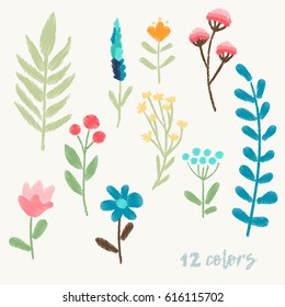 Bright floral elements for embroidery of clothes and textiles. Simple wild flowers for design