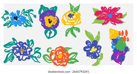 Bright floral elements in expressive sketch technique. Abstract brushstrokes, decorative buds and leaves for design, patterns and decoration