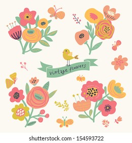 Bright floral elements in vector. Cute vintage set with birds and butterflies. Stylish flowers for modern designs