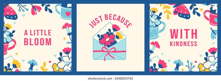 Bright floral frames with simple text, perfect for packaging inserts, social media quotes, or greetings. Square layout with hand-drawn flowers in a modern, cheerful palette