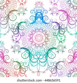 Bright floral and geometric seamless pattern. Vector illustration in watercolor style.