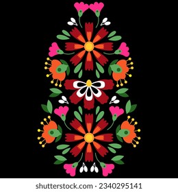 Bright floral Mexican embroidery on a black background
