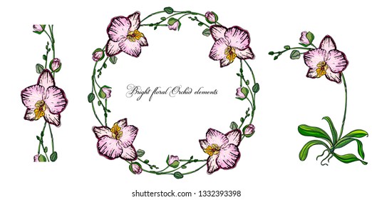 Bright floral Orchid elements for design