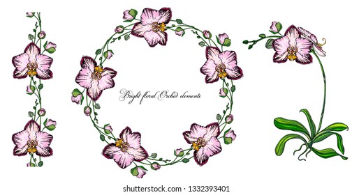 Bright floral Orchid elements for design