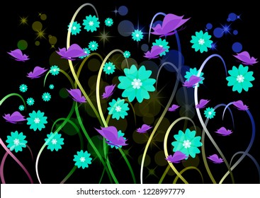 Bright floral ornament with butterflies on a dark background .Vector illustration.