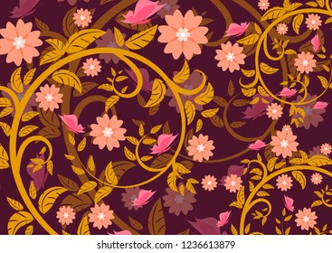 Bright floral ornament with butterflies on a dark background .Vector illustration.