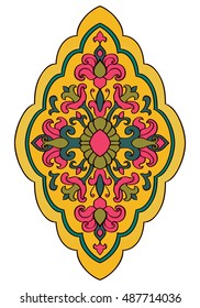 Bright floral ornament. Template for carpet, shawl, wallpaper, textile and any surface. Vector pattern of pink, yellow and green tones.