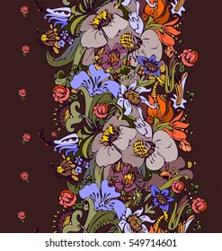 Bright floral ornamental in frieze of garden flowers in violet, purple, orange, green, blue and pink a seamless pattern on a dark brown background.