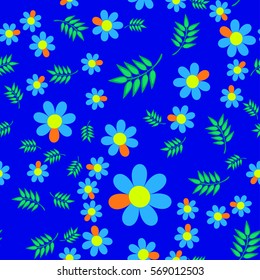 bright floral pattern of blue flowers and branches on blue background for textile, wrapping paper, Wallpaper, decoration
