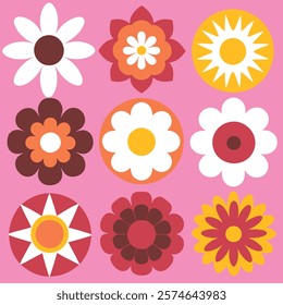 Bright floral pattern with bold retro-style flowers