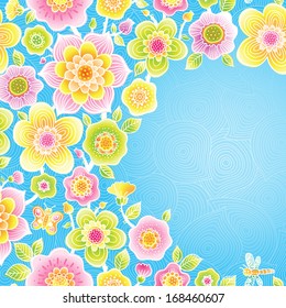 Bright floral pattern  with butterfly and dragonfly on blue background. Place for your text. It can be used for decorating of wedding invitations, greeting cards, decoration for bags and clothes.