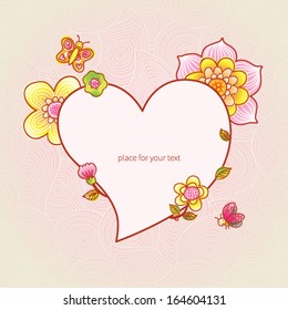 Bright floral pattern with butterfly, ladybird and heart  on pink background. Concept postcard. It can be used for decorating of wedding invitations, greeting cards, decoration for bags and clothes.