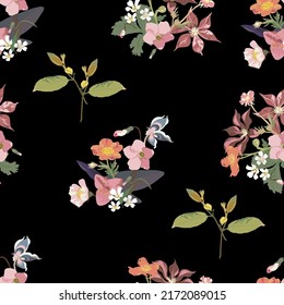 Patrón floral brillante de diferentes flores en ramos sobre fondo negro - ilustración vectorial sin fisuras.
